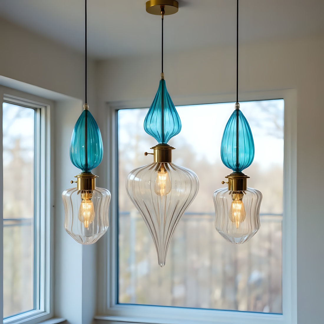 Teal Blue Blown Glass Pendant Light