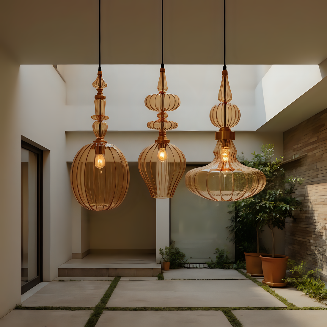 Amber Blown Glass Pendant Light Set Handmade