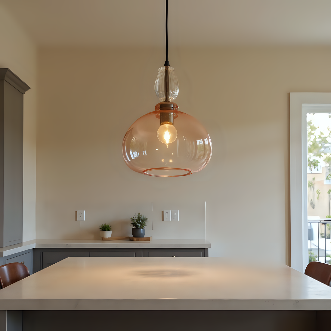 Hand Blown Pink Glass Pendant Light