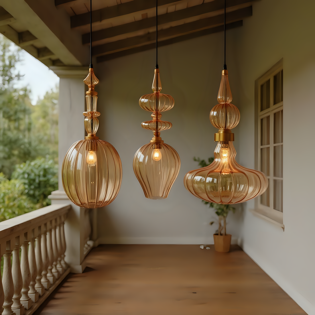 Amber Blown Glass Pendant Light Set Handmade