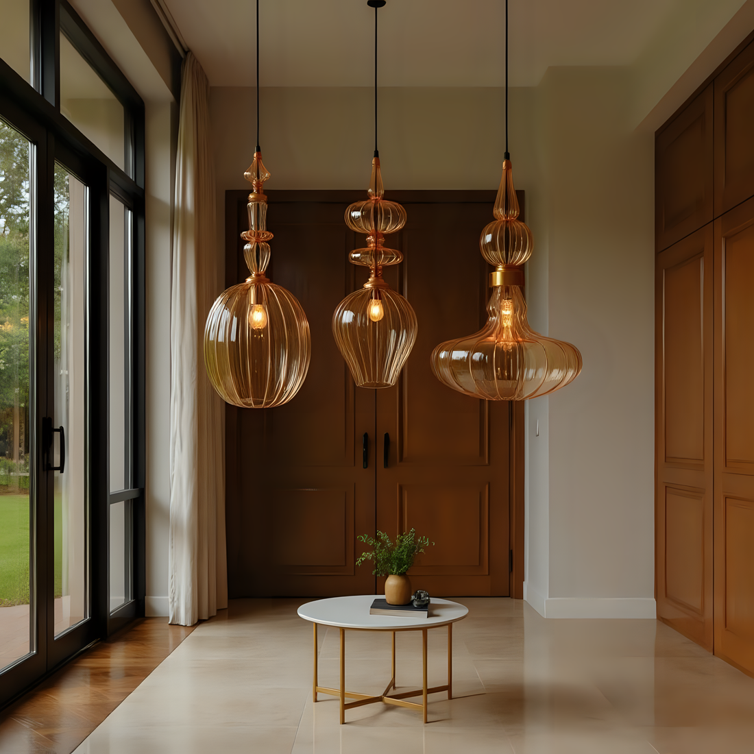 Amber Blown Glass Pendant Light Set Handmade