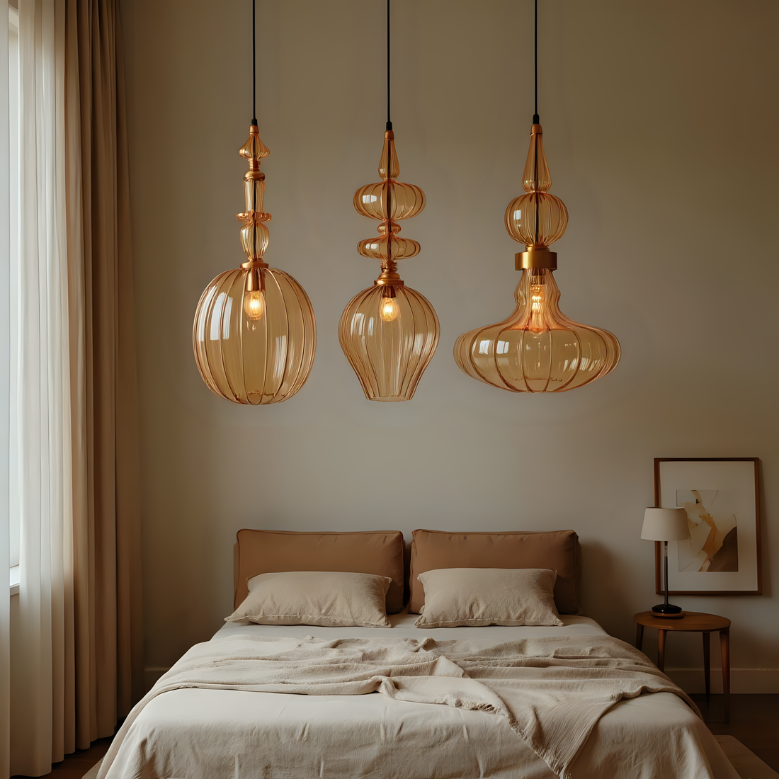 Amber Blown Glass Pendant Light Set Handmade