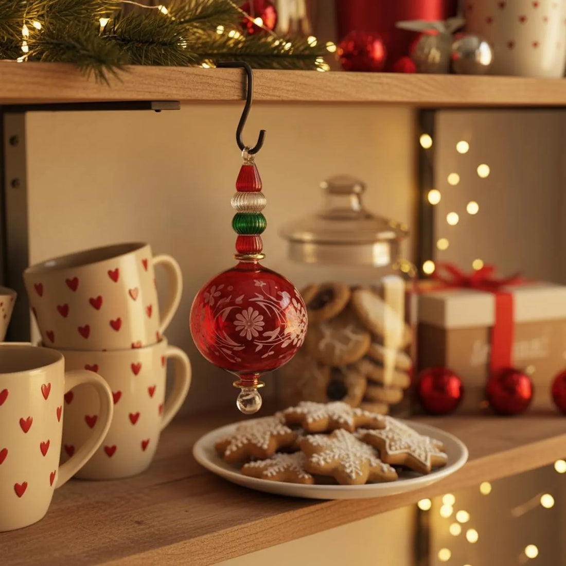 Red Blown Glass Christmas Ornaments With 14k Gold Paint