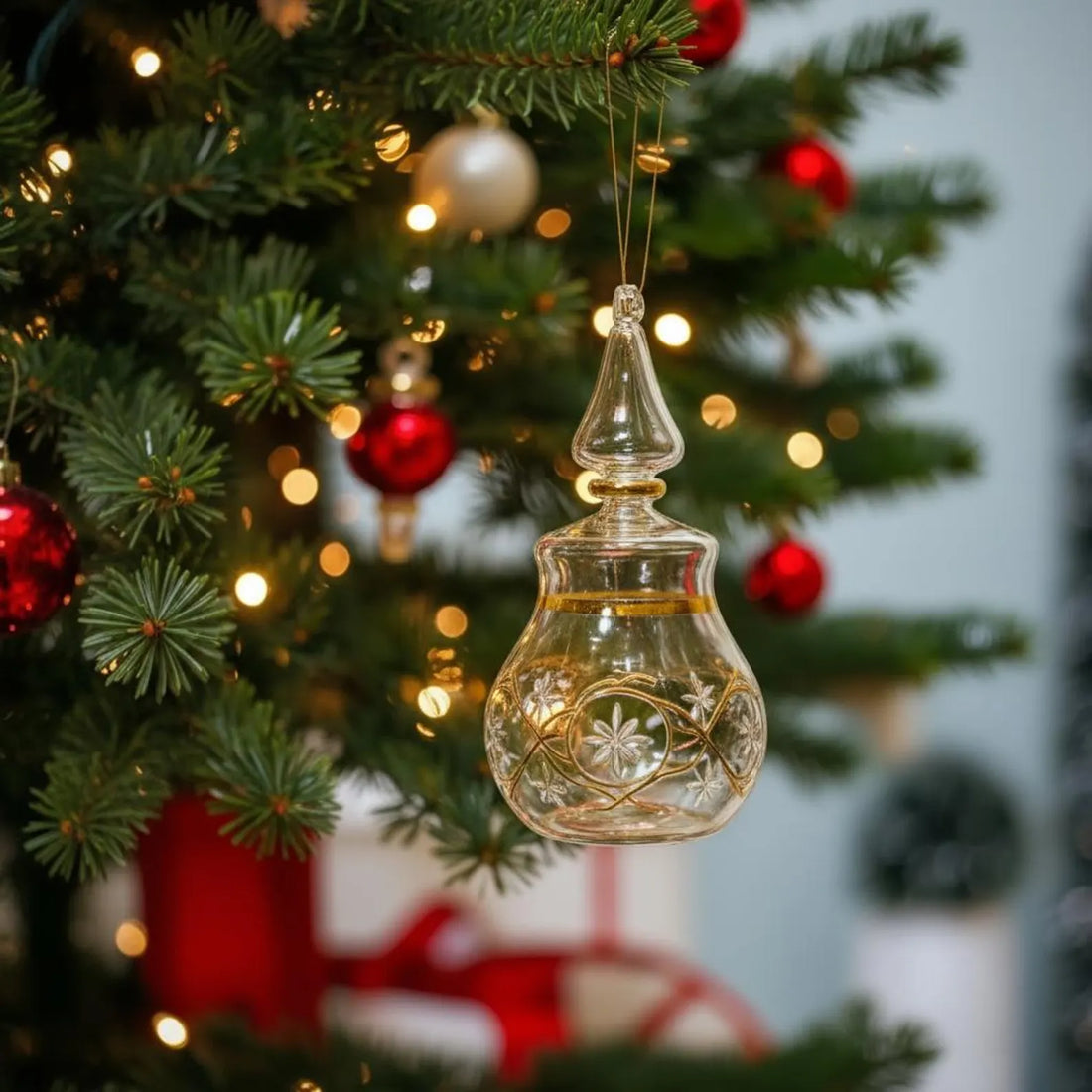 Handmade blown glass Christmas ornament with 14k gold paint
