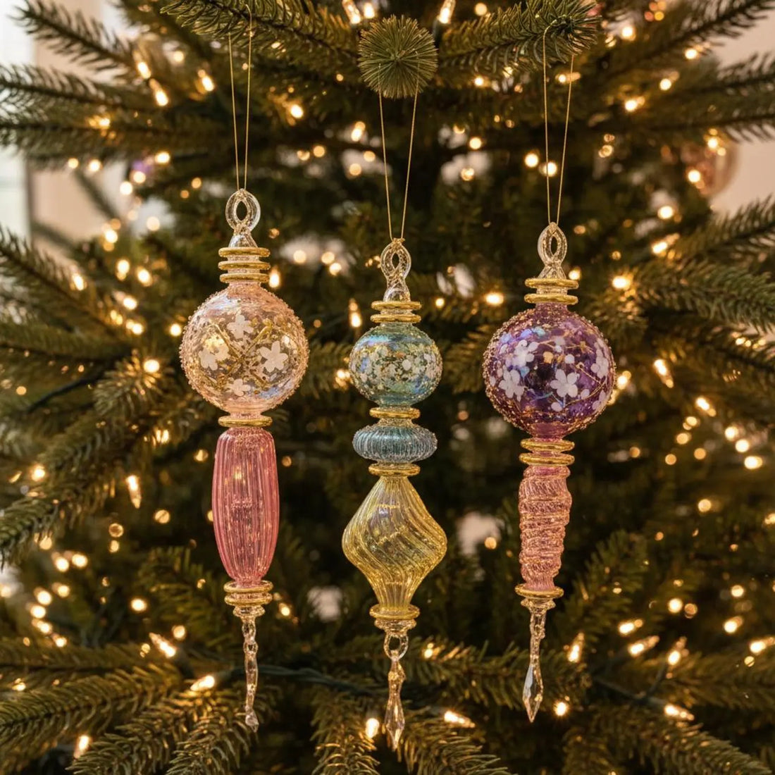 Set of 3 Blown Glass Christmas Ornaments Handmade Glass Baubles with 14k Gold