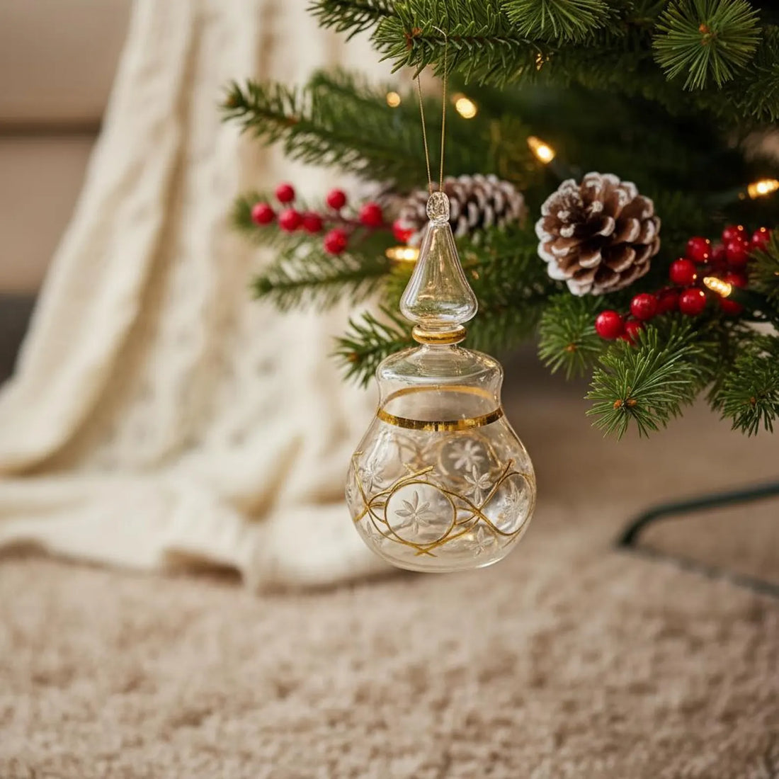 Handmade blown glass Christmas ornament with 14k gold paint