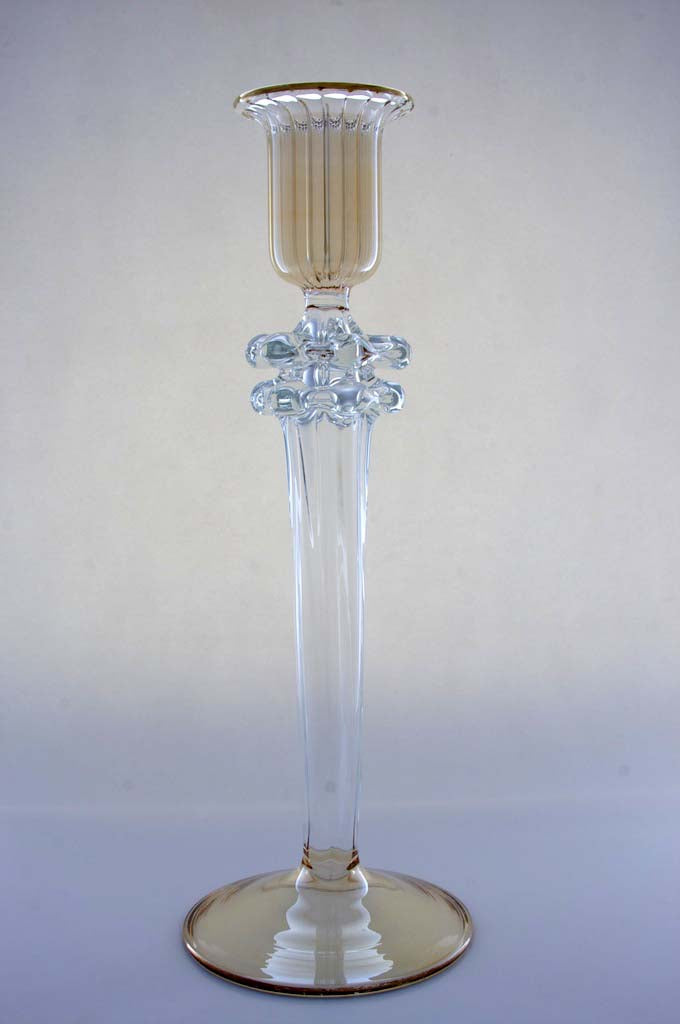 Hand Blown Clear Glass Candle Holder – Tall Ribbed Glass Candlestick with Gold Accents | Luxury Home Decor