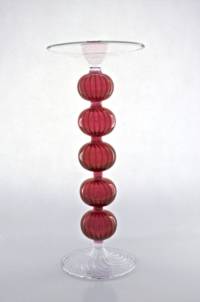 Hand Blown Ruby Red Glass Candle Holder – Tall 5-Ball Ribbed Glass Candlestick | Luxury Home Decor