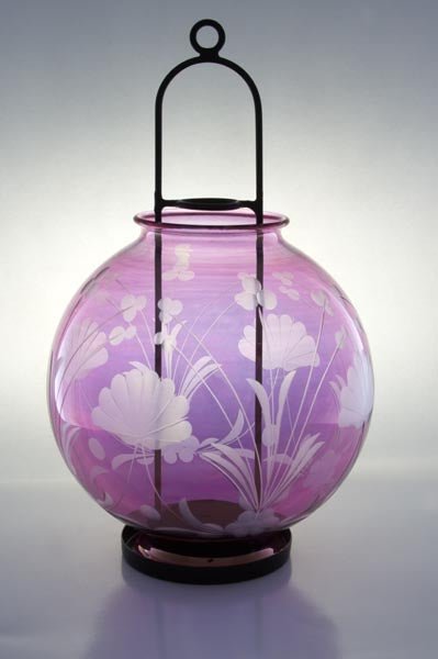 Hand Blown Purple Glass Hurricane Lantern – Round Etched Floral Glass Candle Holder | Luxury Home Decor