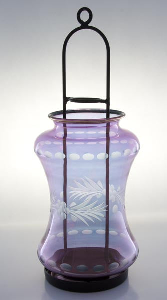 Hand Blown Purple Glass Hurricane Lantern – Lavender Etched Floral Candle Holder | Luxury Home Decor