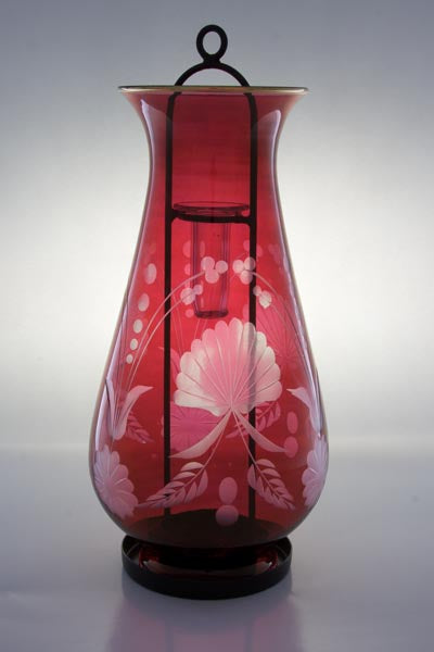 Hand Blown Ruby Red Glass Hurricane Candle Holder – Etched Floral Glass Lantern | Luxury Home Decor