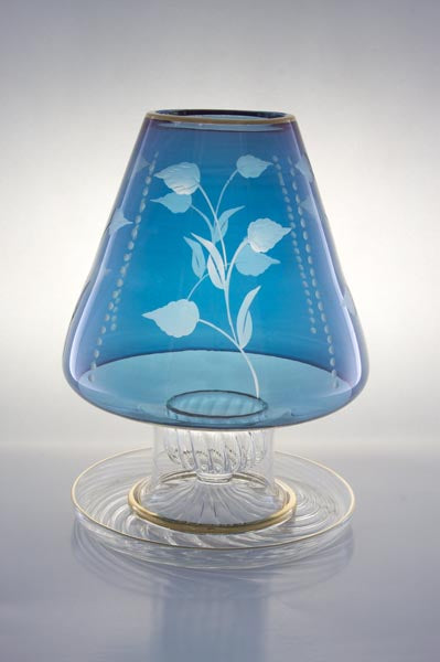 Hand Blown Blue Glass Hurricane Candle Holder – Etched Floral Glass Lantern with Gold Accents | Luxury Home Decor