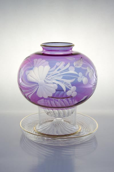 Hand Blown Purple Glass Hurricane Candle Holder – Etched Floral Amethyst Glass Centerpiece | Luxury Home Decor