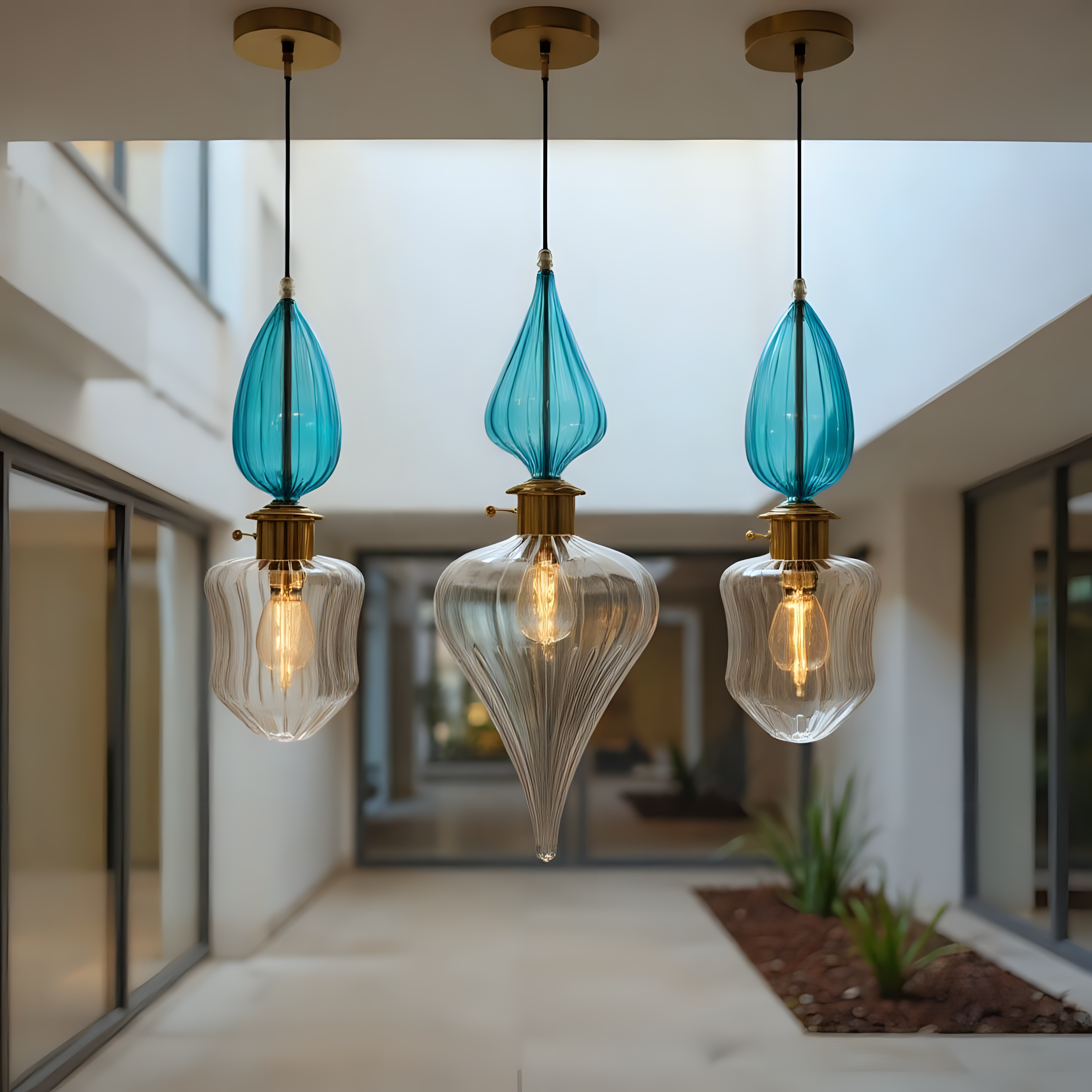 Teal Blue Blown Glass Pendant Light