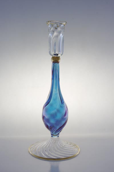 Hand Blown Blue & Purple Swirl Glass Candle Holder – Tall Art Glass Candlestick with Gold Accents