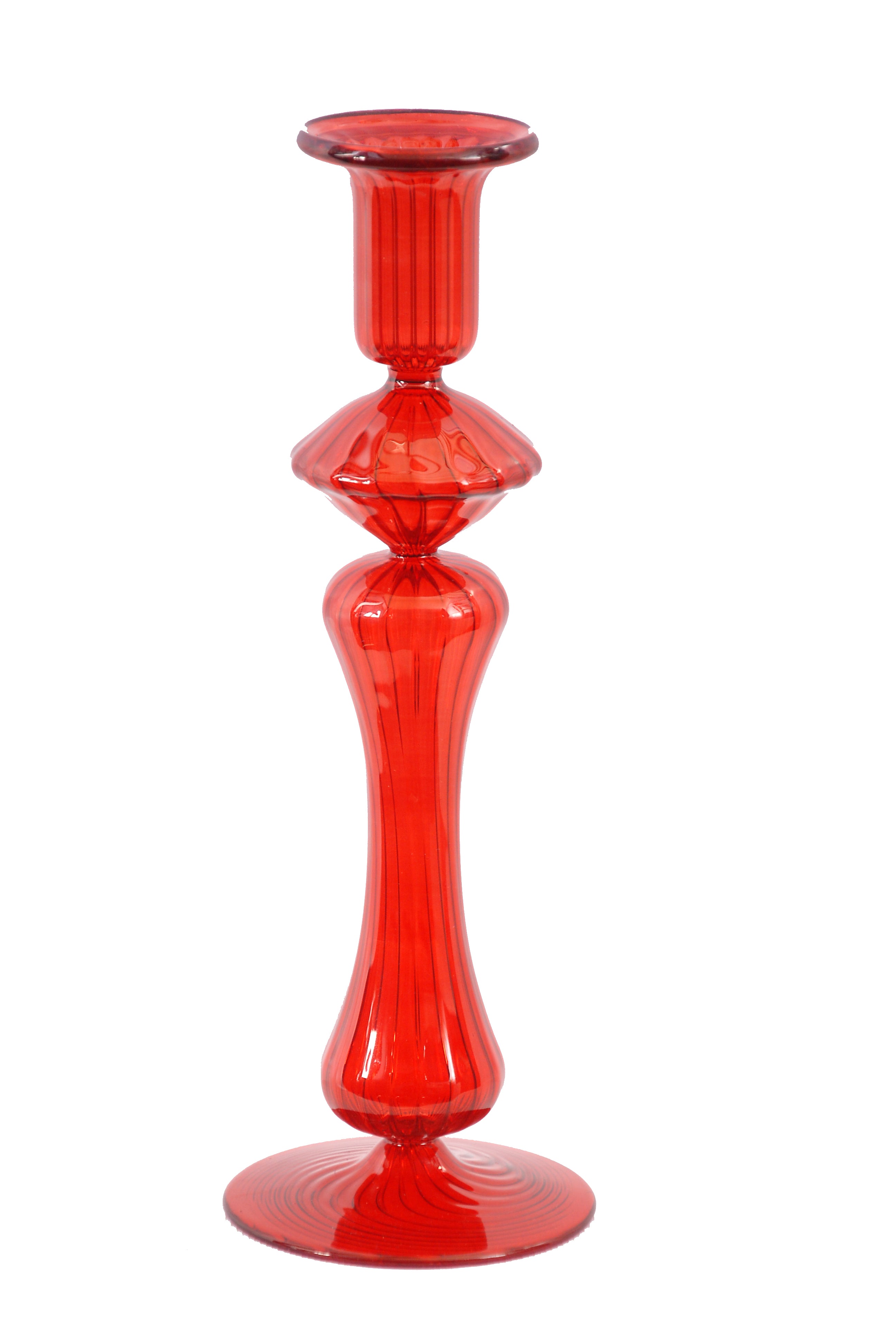 Hand Blown Ruby Red Glass Candle Holder – Tall Ribbed Glass Candlestick with Sculptural Geometric Design