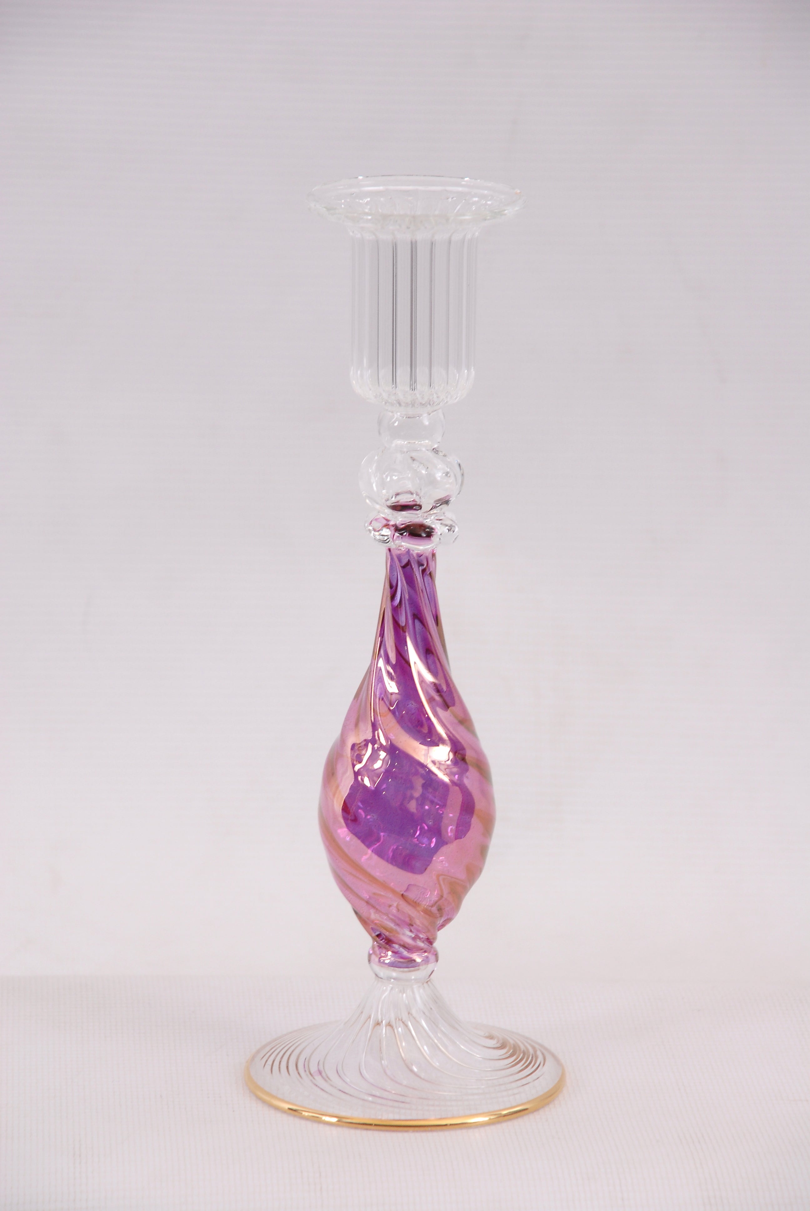 Hand Blown Pink & Purple Swirl Glass Candle Holder – Tall Ribbed Glass Candlestick with Gold Accents