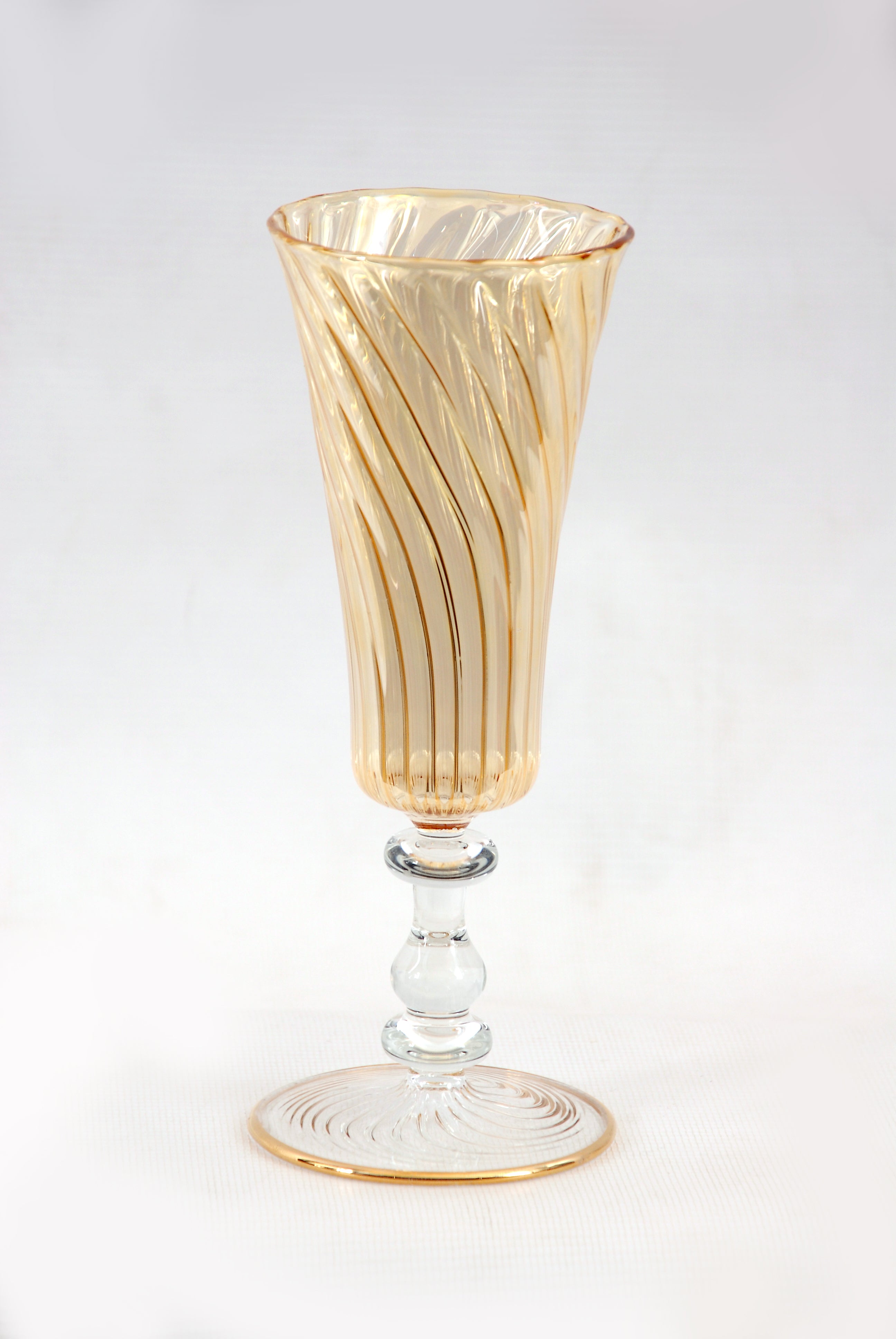 Hand Blown Amber Glass Vase – Tall Spiral Ribbed Trumpet Vase with Clear Glass Pedestal & Gold Accents | Luxury Home Decor