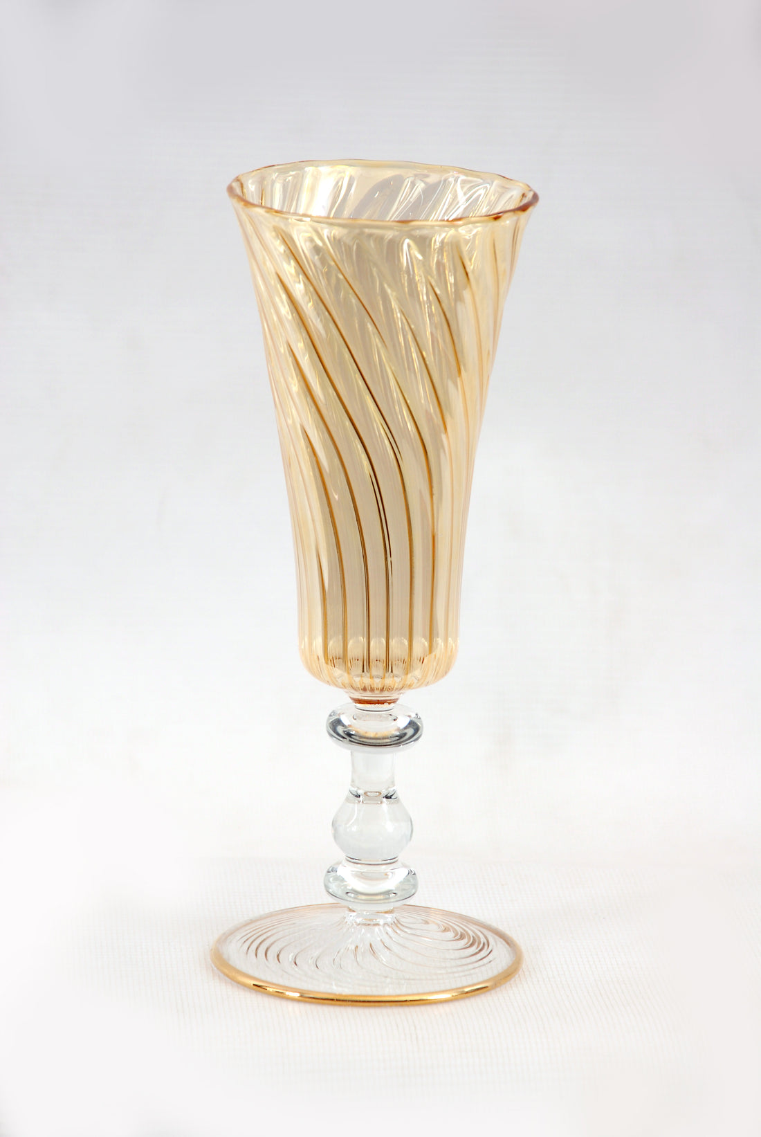 Hand Blown Amber Glass Vase – Tall Spiral Ribbed Trumpet Vase with Clear Glass Pedestal & Gold Accents | Luxury Home Decor