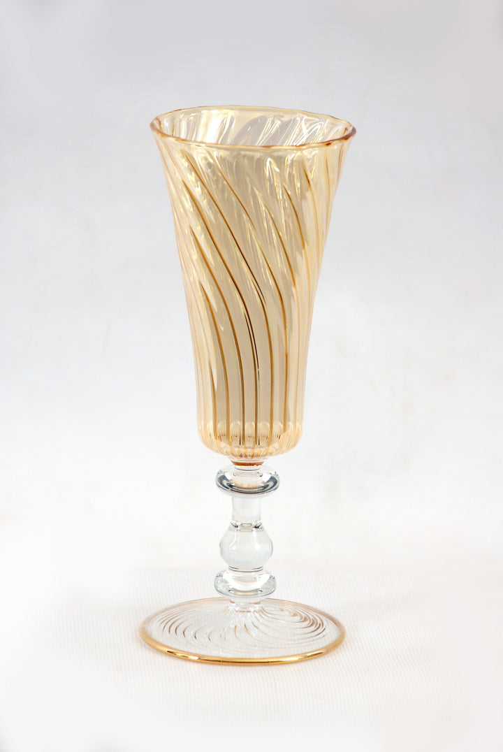 Hand Blown Amber Glass Vase – Tall Spiral Ribbed Trumpet Vase with Clear Glass Pedestal & Gold Accents | Luxury Home Decor