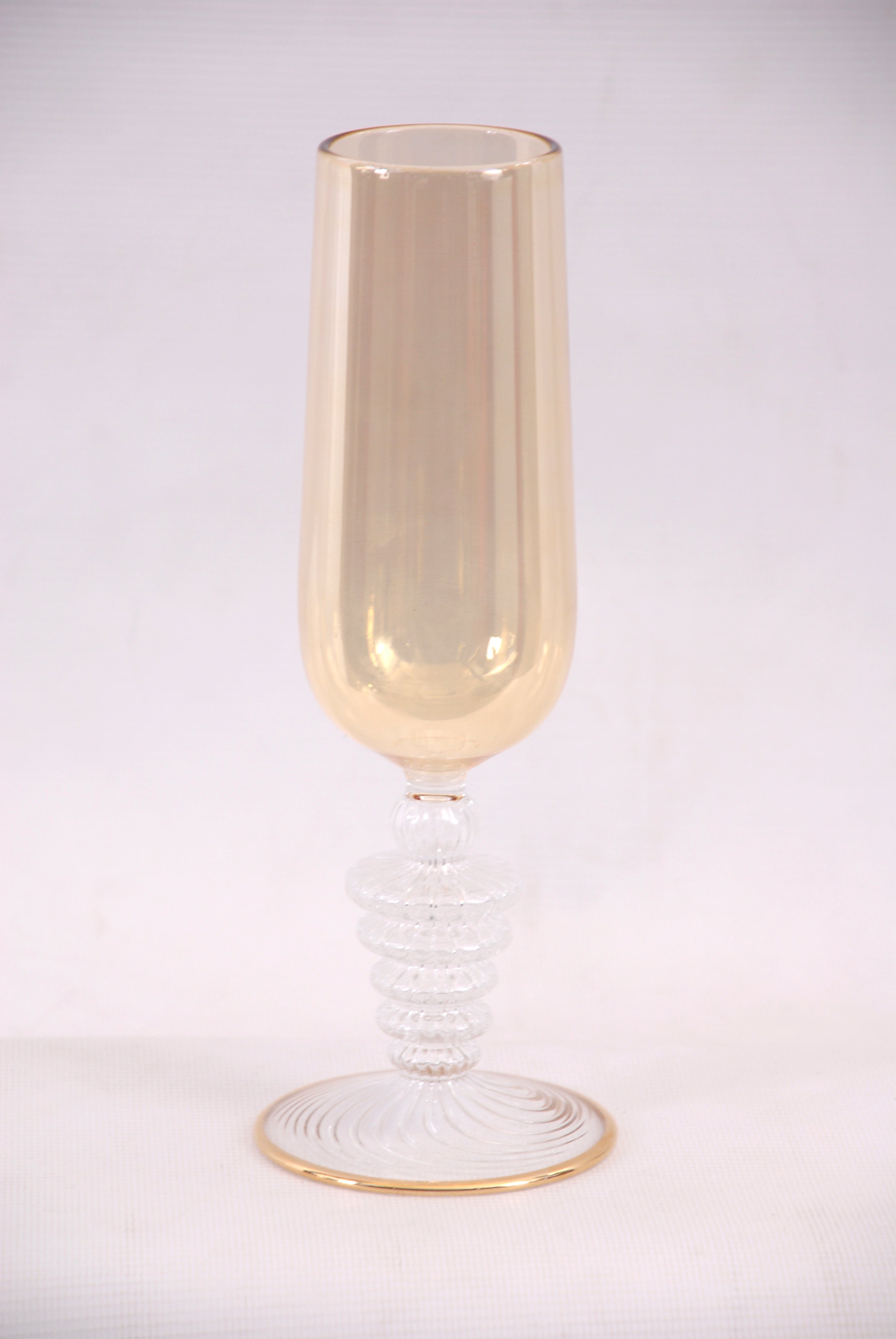 Hand Blown Champagne Amber Glass Vase – Tall Cylinder Art Glass with Sculptural Ribbed Stem & Gold Rim