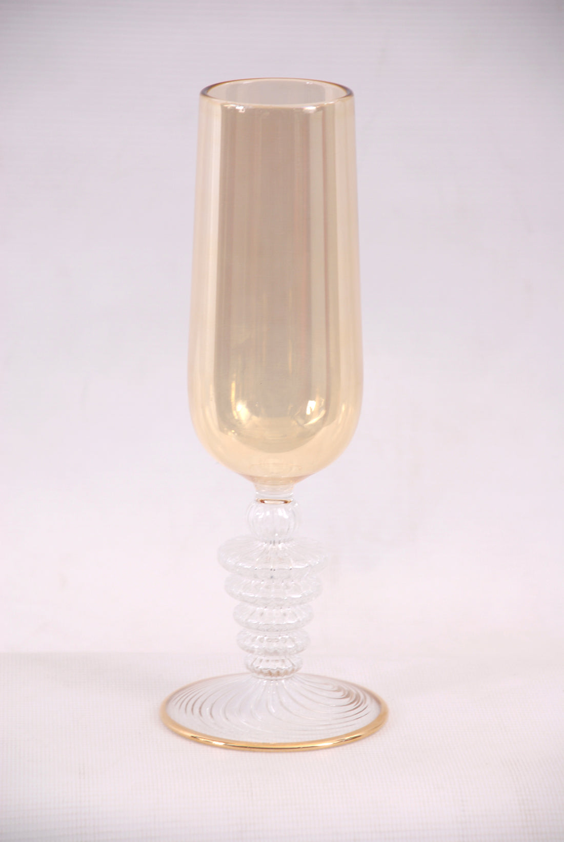 Hand Blown Champagne Amber Glass Vase – Tall Cylinder Art Glass with Sculptural Ribbed Stem & Gold Rim