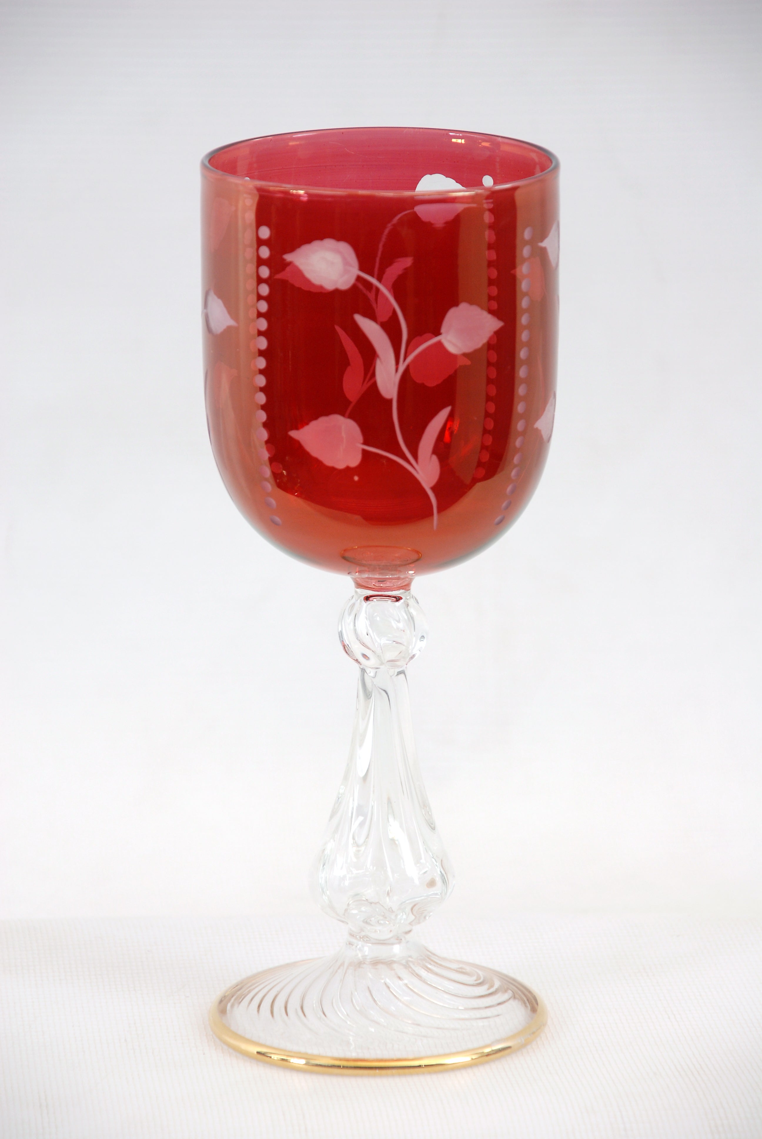 Hand Blown Ruby Red Glass Goblet – Etched Floral Art Glass with Sculptural Clear Stem & Gold Accents