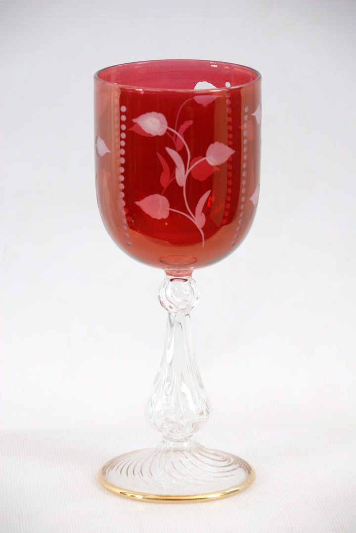 Hand Blown Ruby Red Glass Goblet – Etched Floral Art Glass with Sculptural Clear Stem & Gold Accents