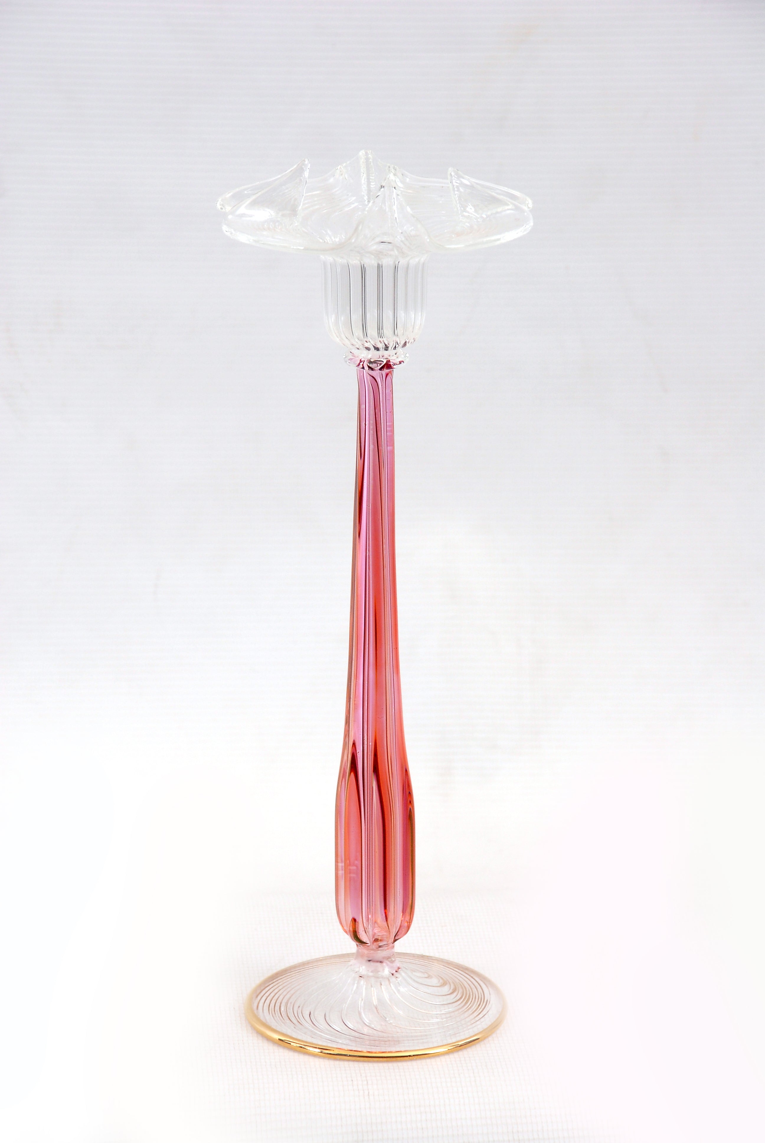 Hand Blown Pink Glass Candle Holder – Tall Fluted Glass Candlestick with Ruffled Flower Top | Luxury Home Decor