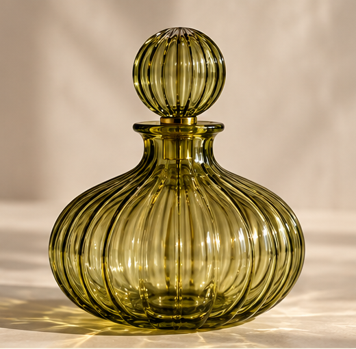 Olive Green Ribbed Glass Decanter with Stopper – Hand-Blown Decorative Bottle