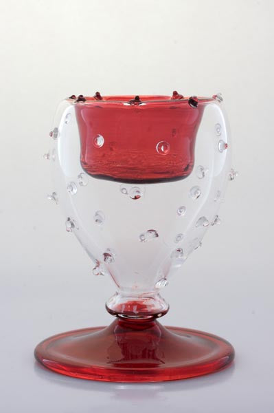 Hand Blown Red Bubble Glass Candle Holder – Ruby Red & Clear Art Glass Votive Holder