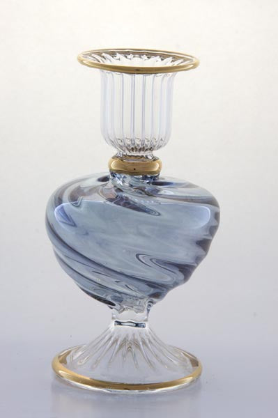 Hand Blown Blue Swirl Glass Candle Holder – Luxury Handmade Glass Candlestick with Gold Accents