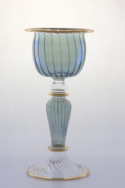 Hand Blown Teal Blue Glass Candle Holder – Ribbed Glass Goblet Candlestick with Gold Accents | Luxury Home Decor