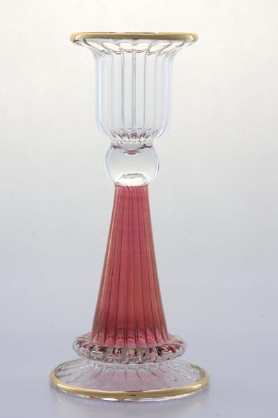 Hand Blown Pink Glass Candle Holder – Ribbed Rose Pink Glass Candlestick with Gold Accents | Luxury Home Decor