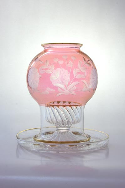 Hand Blown Pink Glass Hurricane Candle Holder – Etched Floral Glass Votive Holder with Gold Accents