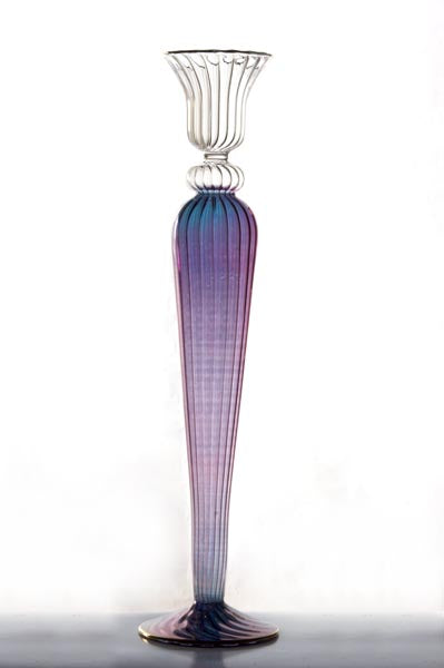 Hand Blown Blue & Purple Glass Candle Holder – Tall Ribbed Ombre Glass Candlestick | Luxury Home Decor