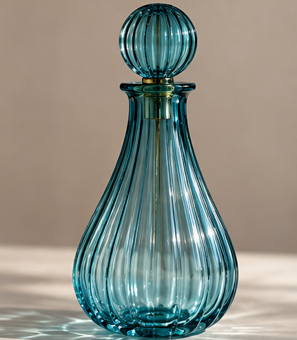 Teal Blue Ribbed Glass Decanter with Stopper – Hand-Blown Decorative Bottle