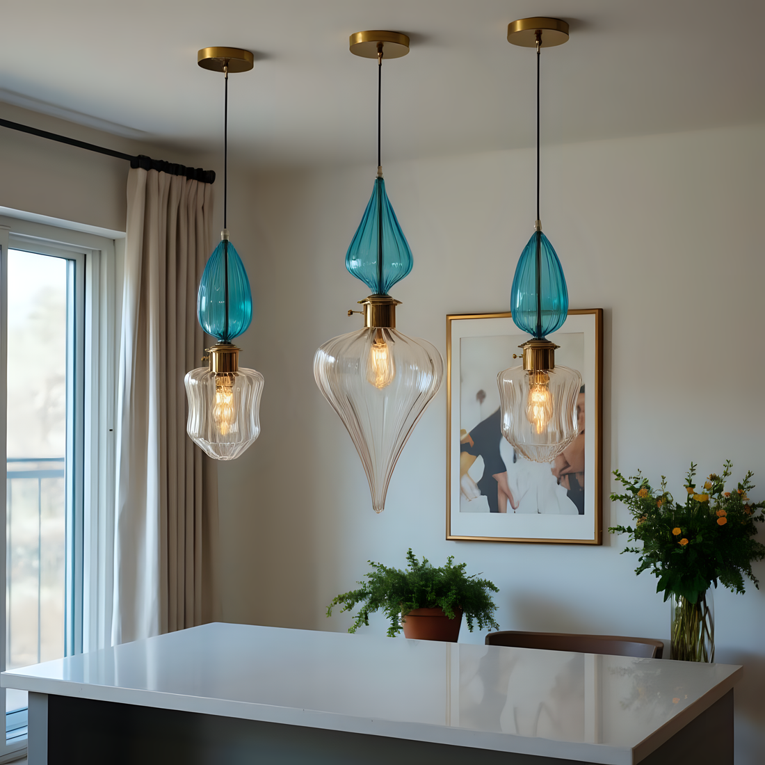 Teal Blue Blown Glass Pendant Light