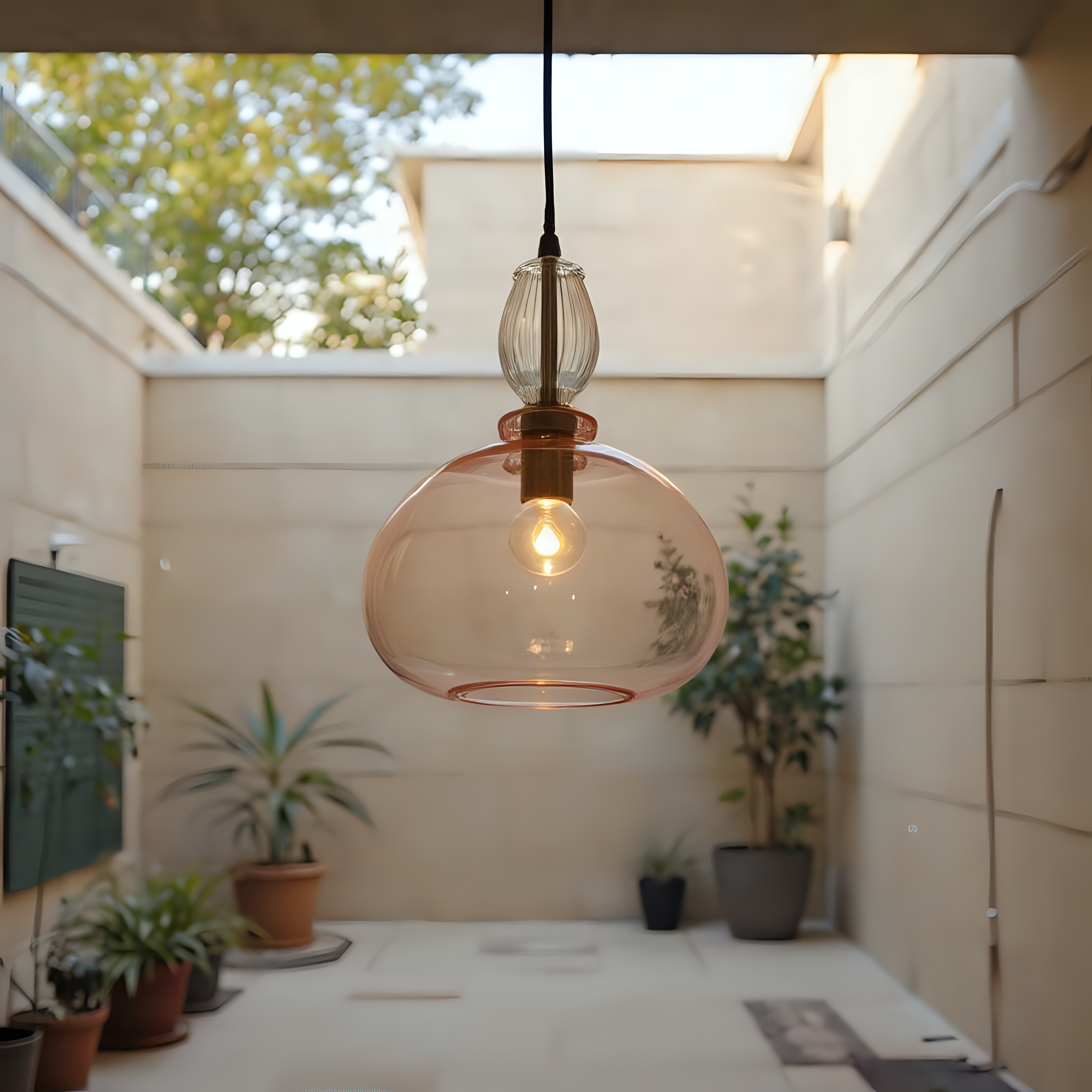 Hand Blown Pink Glass Pendant Light