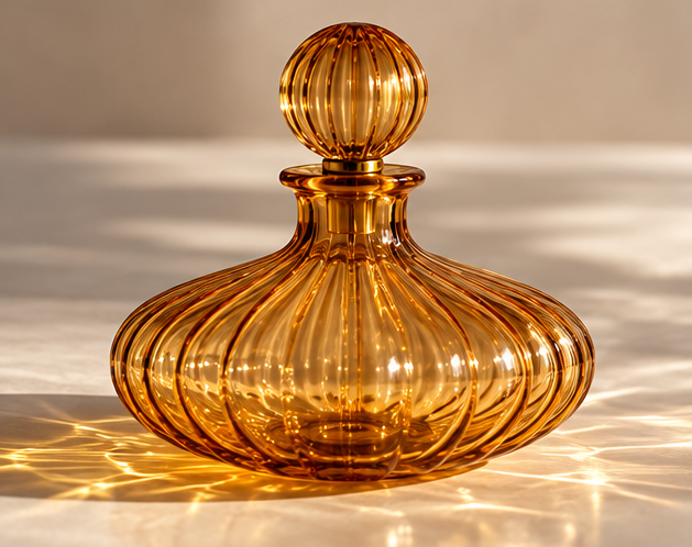 Amber Ribbed Glass Decanter with Stopper – Hand-Blown Decorative Bottle