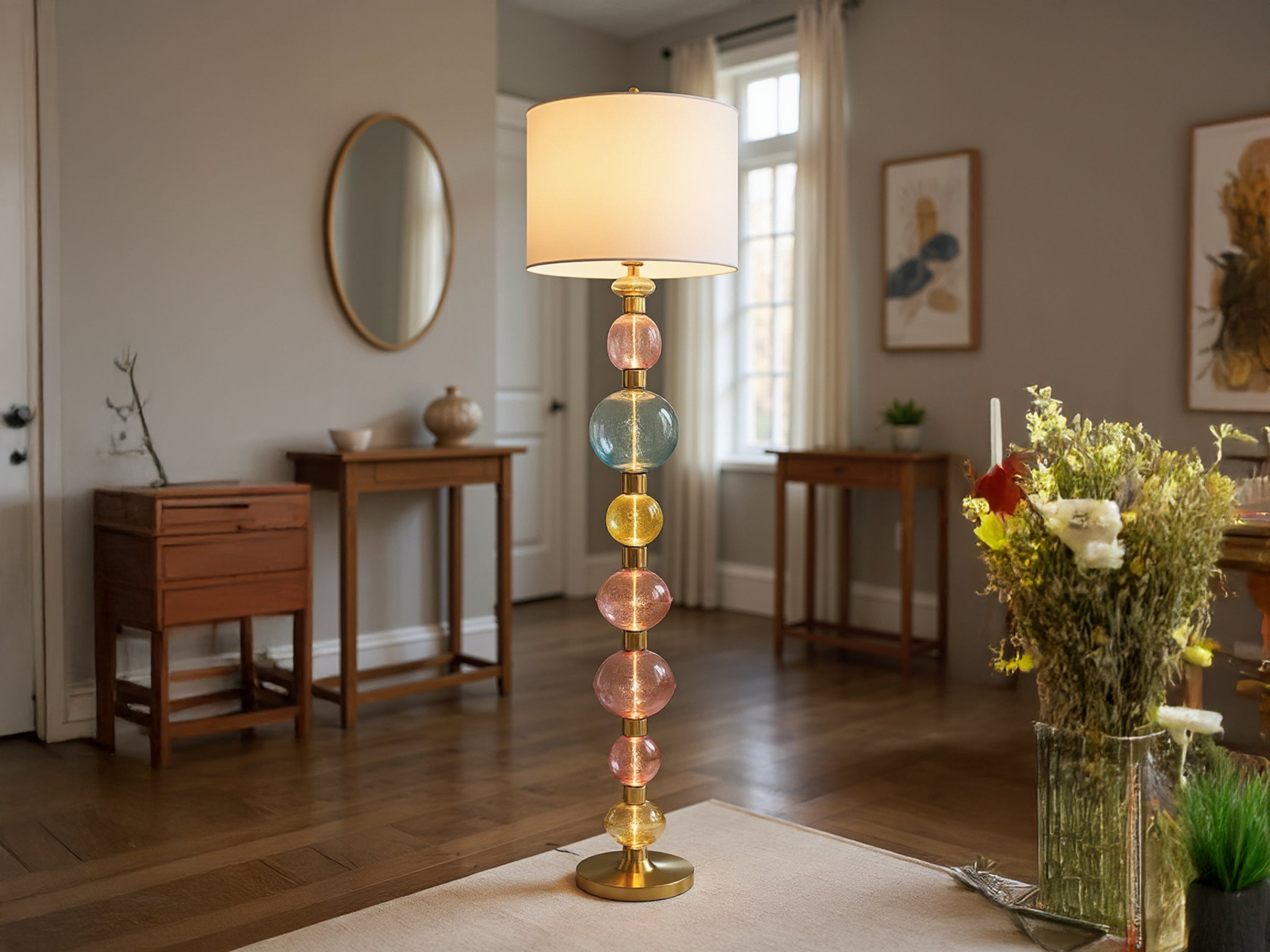 Handmade Colorful Glass Floor Lamp with White Lamp Shade Modern Standing Lamp