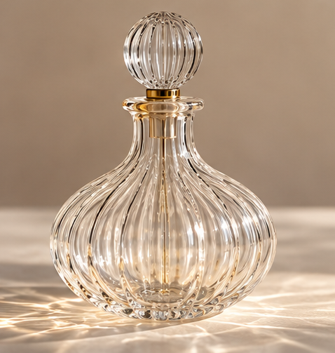 Clear Ribbed Glass Decanter with Stopper – Hand-Blown Decorative Bottle