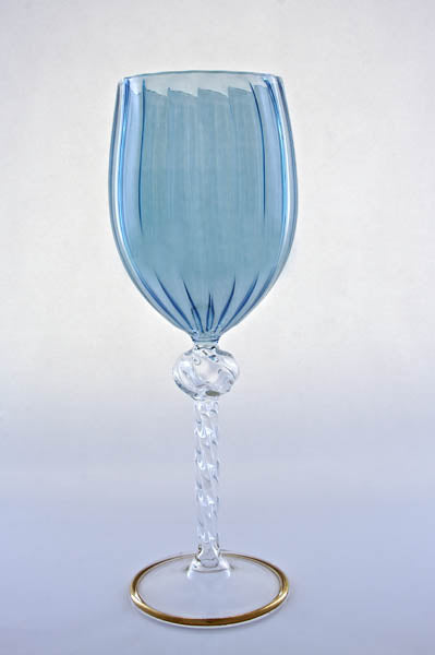 Hand Blown Blue Glass Goblet – Tall Ribbed Art Glass with Twisted Crystal Stem & Gold Rim | Luxury Glassware