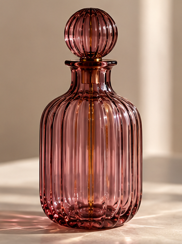 Rose Pink Ribbed Glass Decanter with Stopper – Hand-Blown Decorative Bottle