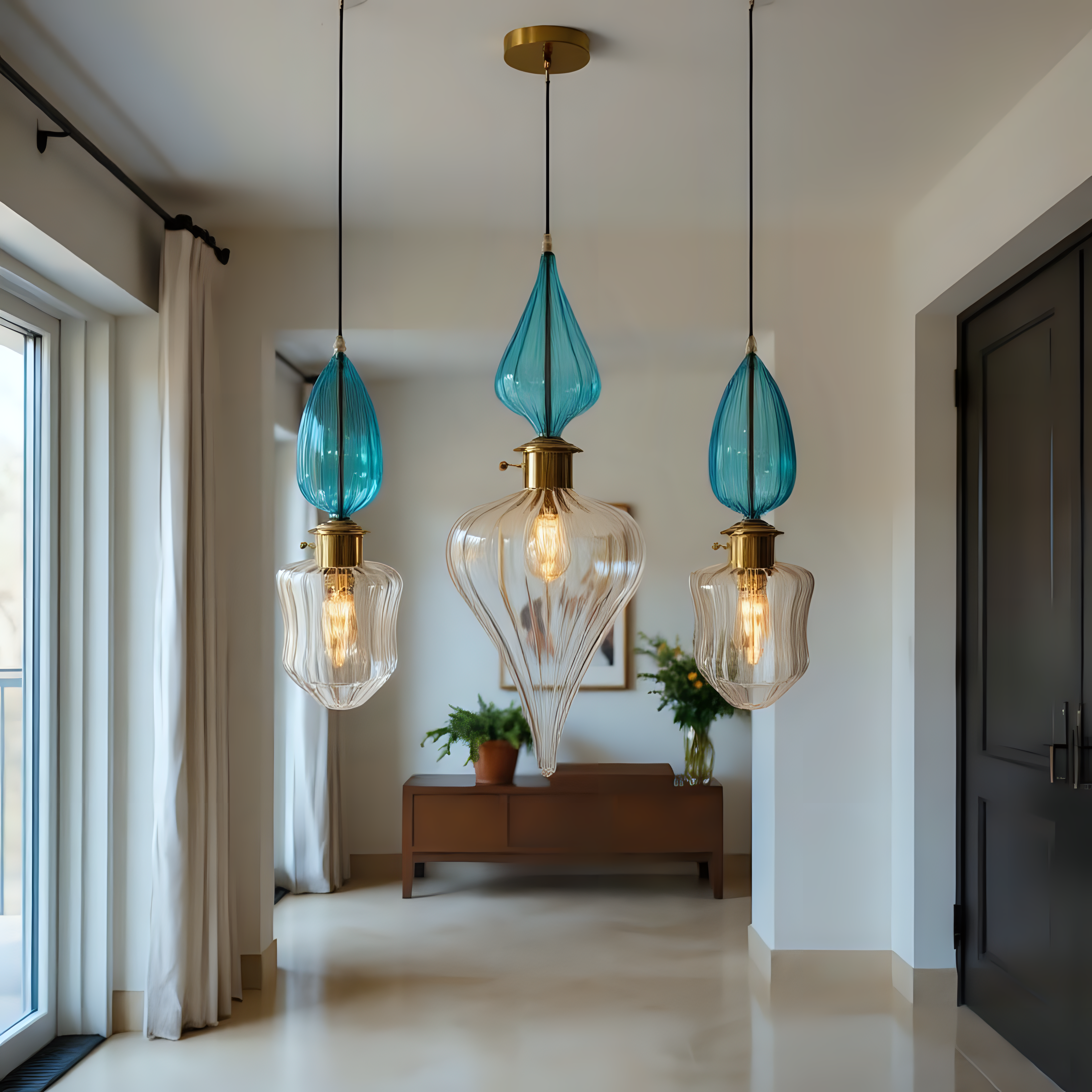 Teal Blue Blown Glass Pendant Light