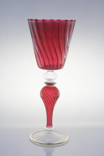 Hand Blown Ruby Red Glass Goblet – Tall Ribbed Art Glass with Twisted Stem | Luxury Decorative Glassware