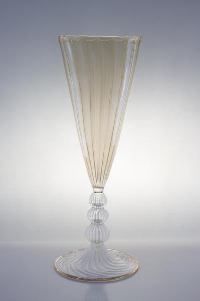 Hand Blown Champagne Glass Goblet – Tall Fluted Art Glass Vase with Sculptural Stem & Gold Rim | Luxury Home Decor