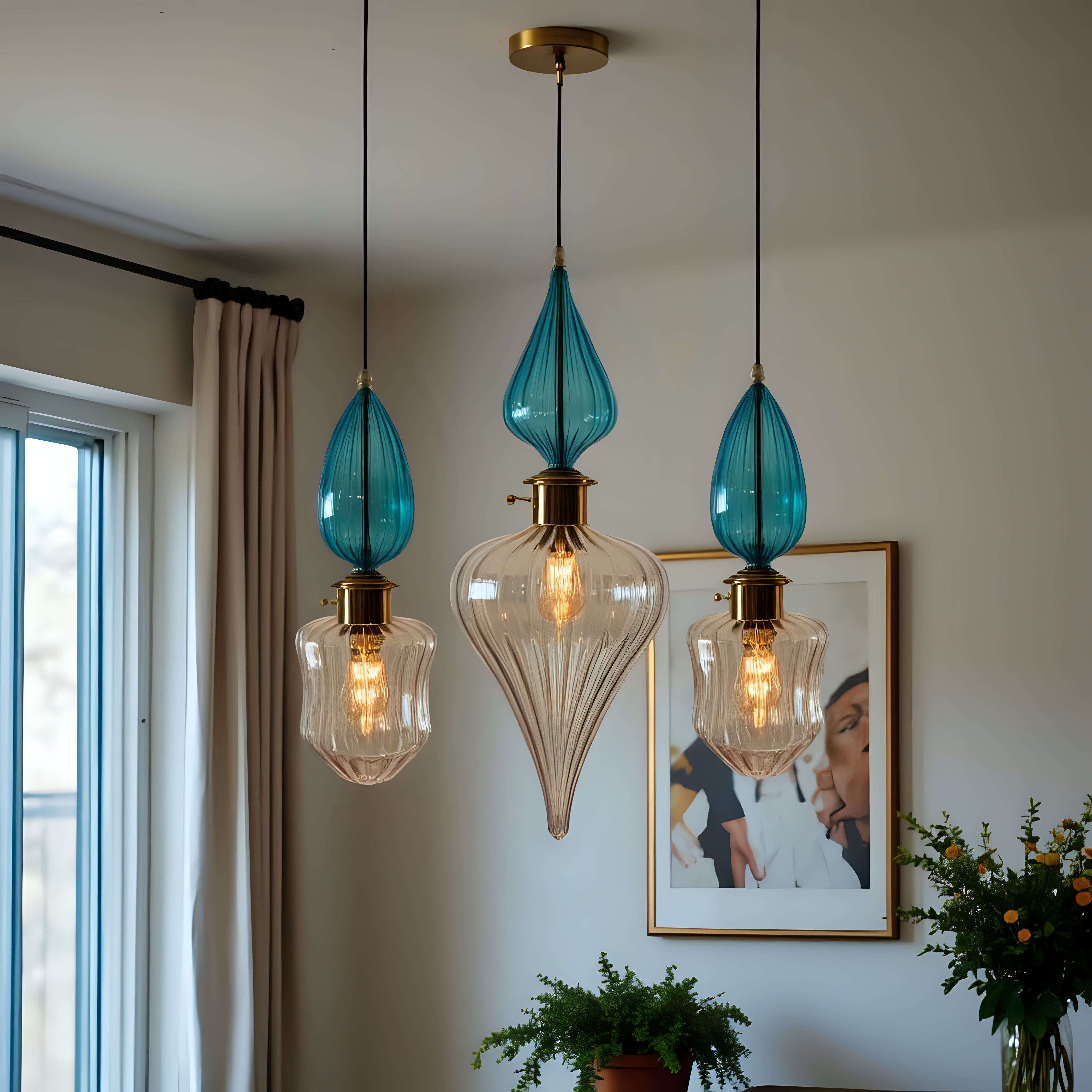 Teal Blue Blown Glass Pendant Light