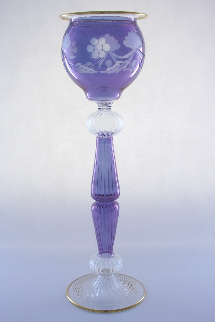 Hand Blown Purple Glass Candle Holder – Tall Lavender Etched Floral Glass Candlestick with Gold Accents