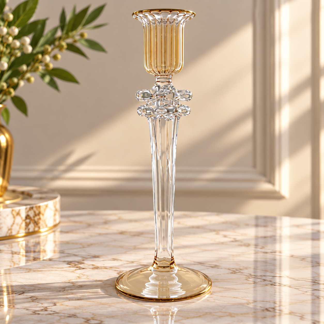 Hand Blown Clear Glass Candle Holder – Tall Ribbed Glass Candlestick with Gold Accents | Luxury Home Decor